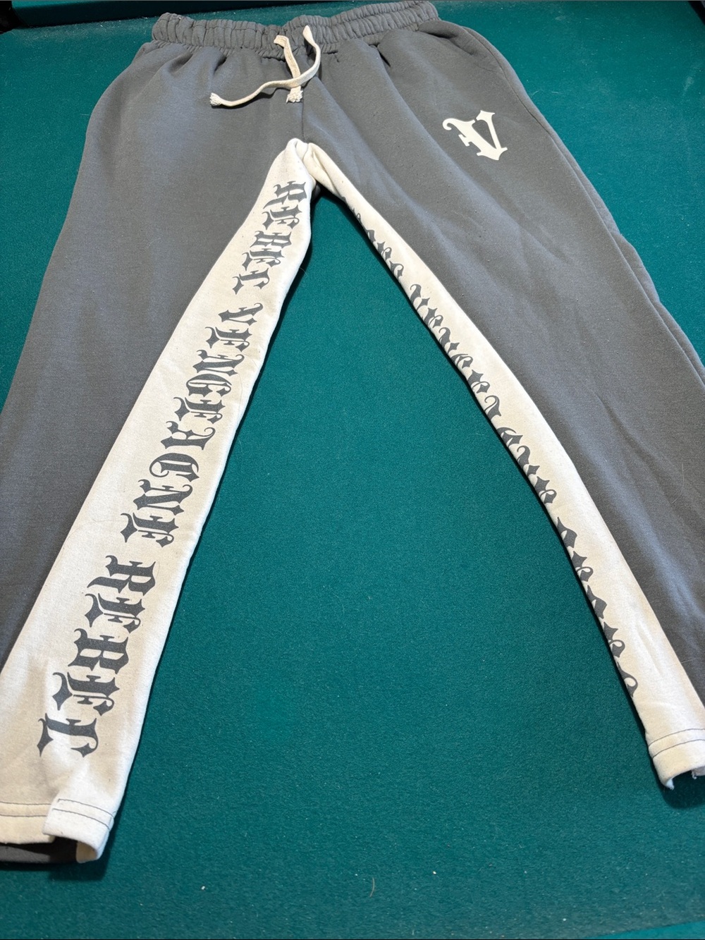 Rebel Vengeance Gray Sweatpants with Gothic Logo on Legs , L , $22